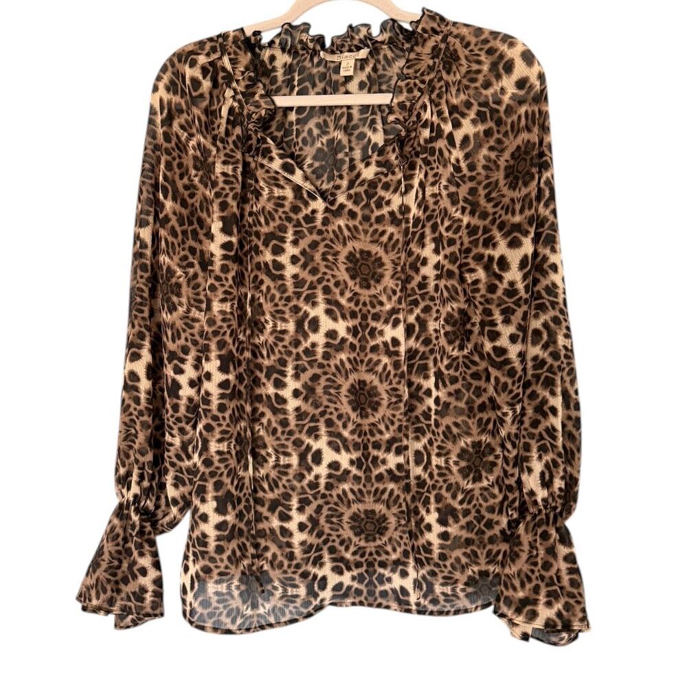 BIACCI VTG Sheer Leopard Print Blouse Women's 2 Ruffle Tie Neck Bell Sleeve Boho